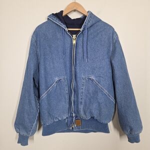 Vtg 90s Y2K Walls Denim Bomber Jacket Hooded Full Zip Outdoor Workwear Large